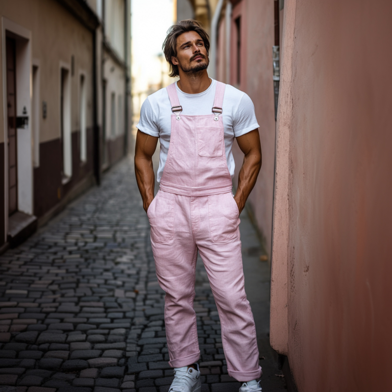 Dario | Men'S Casual Breathable Linen Solid Color Multi-Pocket Straight Trousers Jumpsuit