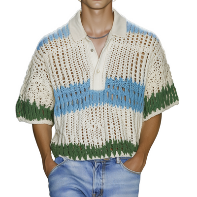 Willis | Men'S Casual Contrast Striped Lapel Loose Short-Sleeved Knitted Polo Shirt