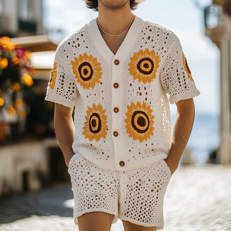 Julius | Men'S Spring And Summer Fashion Leisure Vacation Style Knitted Hollow Flower Short-Sleeved Shirt Elastic Waist Shorts Set
