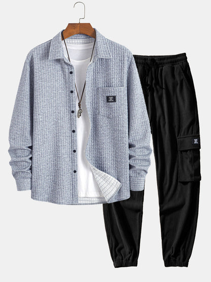 Arturo® | Waffle Button Up Shirt & Drawstring Corduroy Cargo Jogger Pants