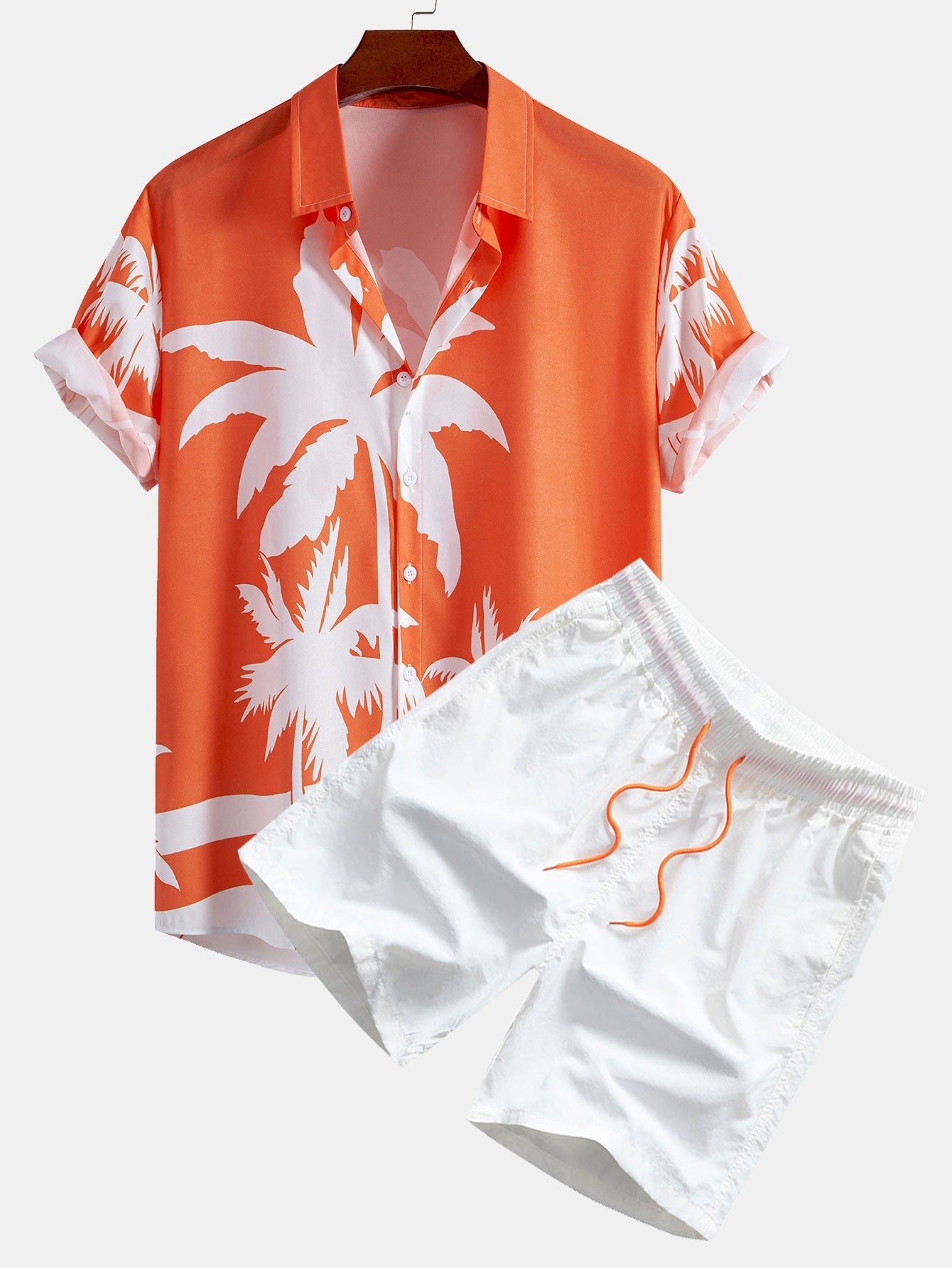 Justino® | Palm Tree Print Button Up Shirt & Man Mid Length Drawstring Swim Shorts