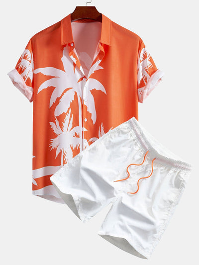 Justino® | Palm Tree Print Button Up Shirt & Man Mid Length Drawstring Swim Shorts