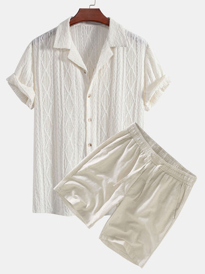 Adelin® | Geometric Jacquard Cuban Shirt & Linen Drawstring Shorts