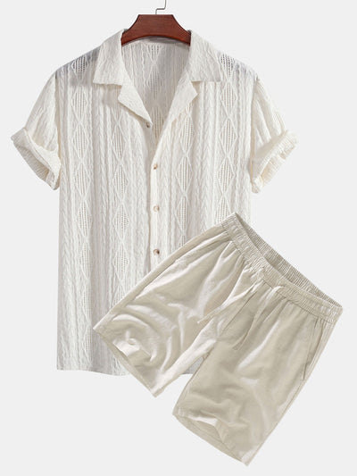 Adelin® | Geometric Jacquard Cuban Shirt & Linen Drawstring Shorts