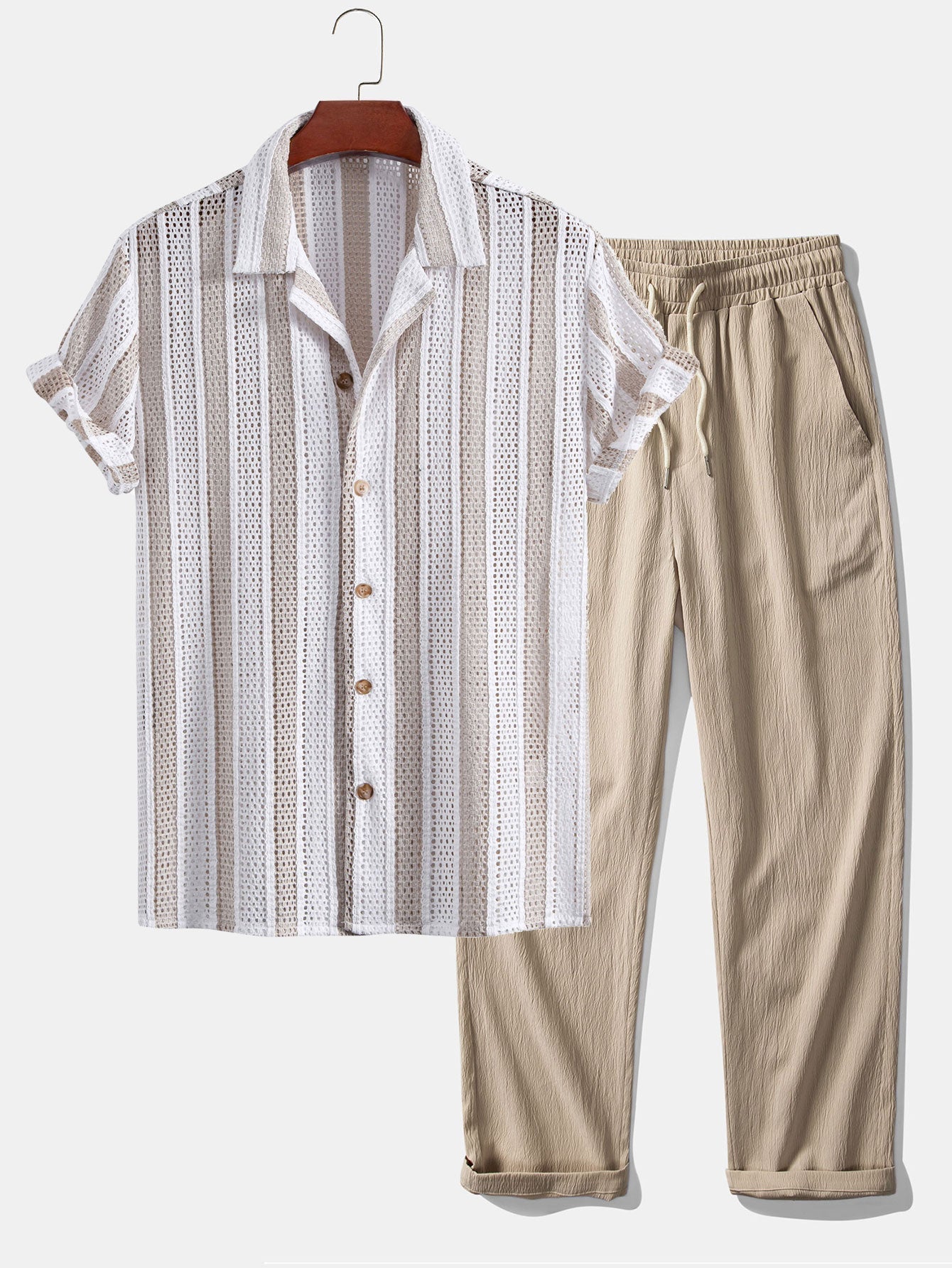 Josafat® | Striped Mesh Cuban Shirt & Wrinkle Textured Straight Leg Pants