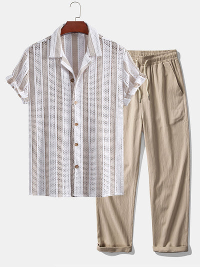 Josafat® | Striped Mesh Cuban Shirt & Wrinkle Textured Straight Leg Pants