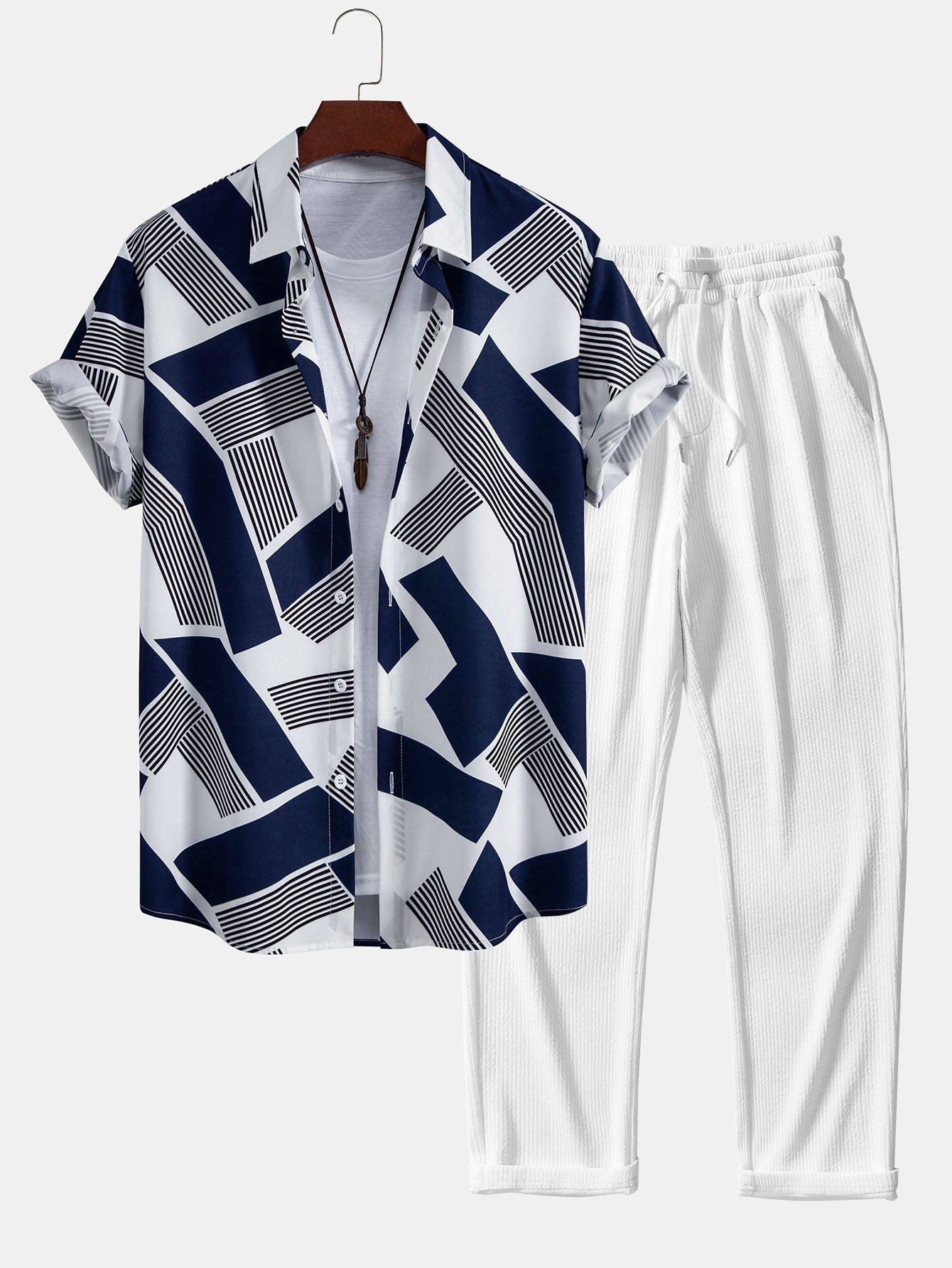 Lorenzo® | Color Block Geometry Print Button Up Shirt & Straight Leg Ribbed Pants