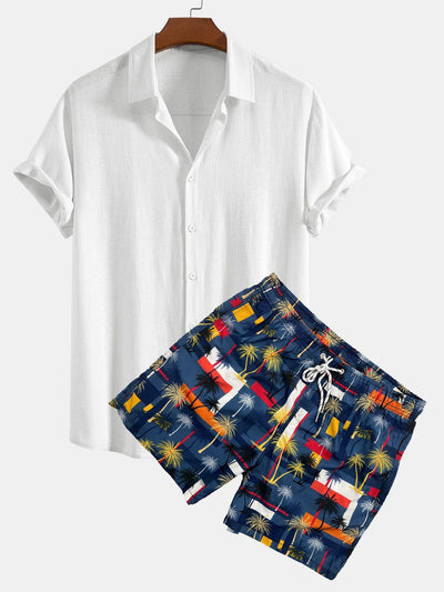 Beltrán® | Linen Rayon Blend Button Up Shirt & Palm Tree Color Block Print Swim Shorts