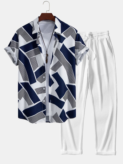 Rolando® | Color Block Geometry Print Button Up Shirt & Straight Leg Ribbed Pants