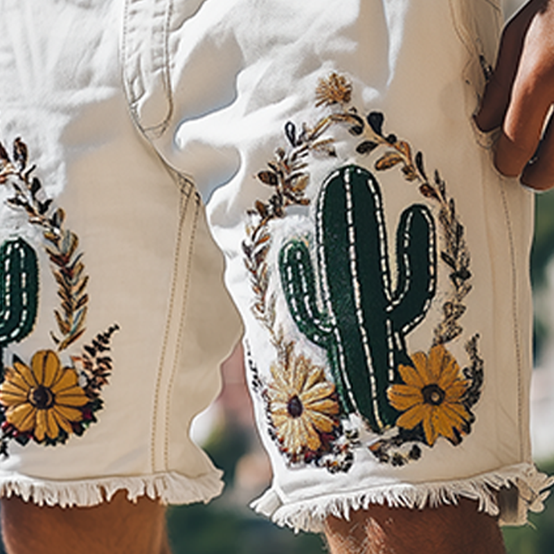 Gabe | Men'S Summer Fashion Italian Sicily Style Washed White Denim Embroidered Hem Casual Shorts