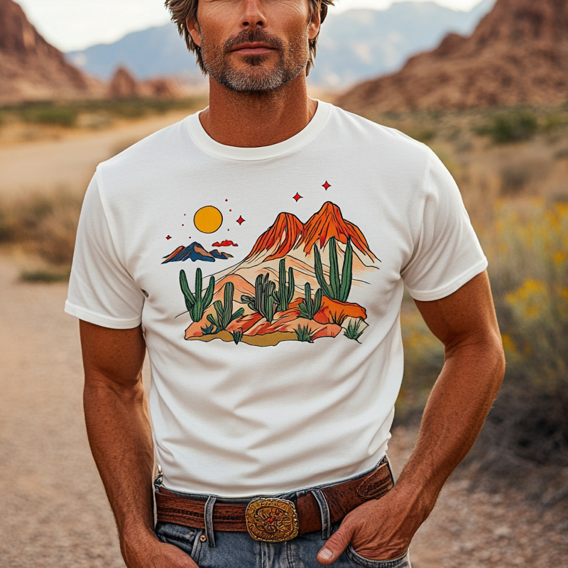 Owen | Men'S Western Cowboy Desert Printed Round Neck Short Sleeve T-Shirt