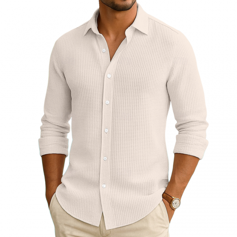 Roman | Men'S Casual Solid Color Breathable Texture Waffle Lapel Slim Fit Long Sleeve Shirt