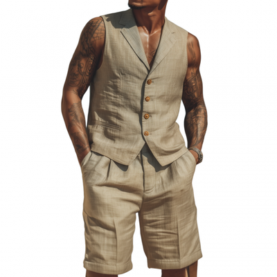 Tyrell | Men'S Casual Breathable Solid Color Cotton Linen Notched Lapel Single-Breasted Slim-Fit Suit Vest Shorts Set