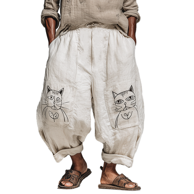 Neil | Men'S Summer Fashion Cat Print Cotton And Linen Bloomers