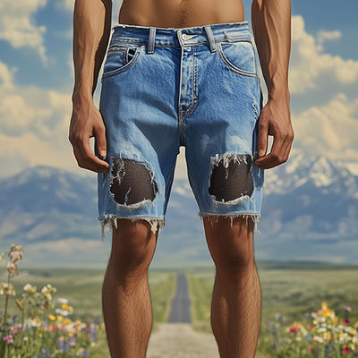 Ignacio | Men'S Spring And Summer Fashion Casual Denim Washed Splicing Mesh Fabric Raw Edge Shorts