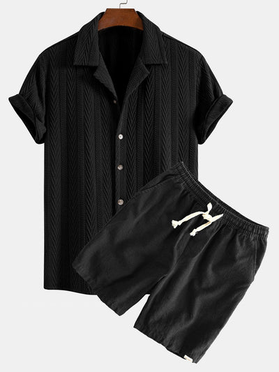 Bernabé® | Texture Jacquard Cuban Shirt & Linen Cotton Blend Drawstring Shorts