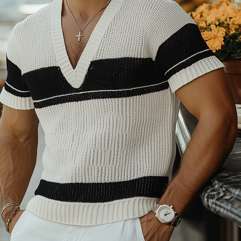 Matthew | Men'S Summer Fashion Casual V-Neck Black And White Horizontal Striped Knitted Short Sleeve T-Shirt
