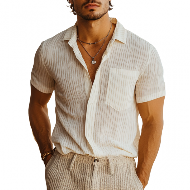 Benito | Men'S Casual Breathable Linen Striped Lapel Patch Pocket Slim Fit Short Sleeve Shirt