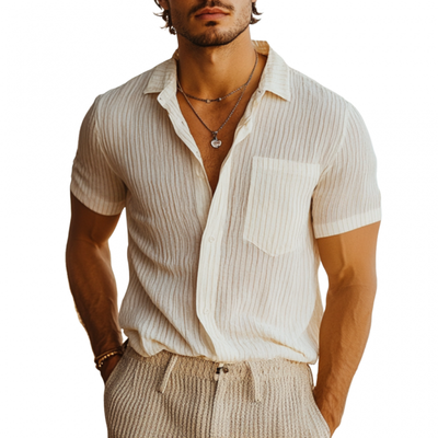 Benito | Men'S Casual Breathable Linen Striped Lapel Patch Pocket Slim Fit Short Sleeve Shirt