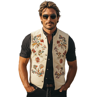 Leonard | Men'S Summer Fashion Embroidered Cotton Blended Vest (With Lining)