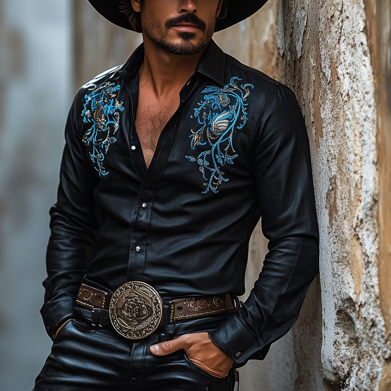 Jamal | Men'S Western Embroidered Faux Leather Long Sleeve Shirt