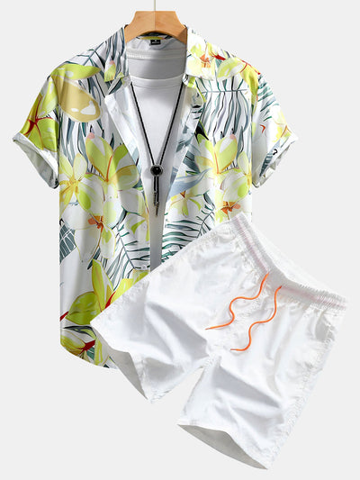Caleb® | Flower Plants Print Button Up Shirt & Swim Shorts