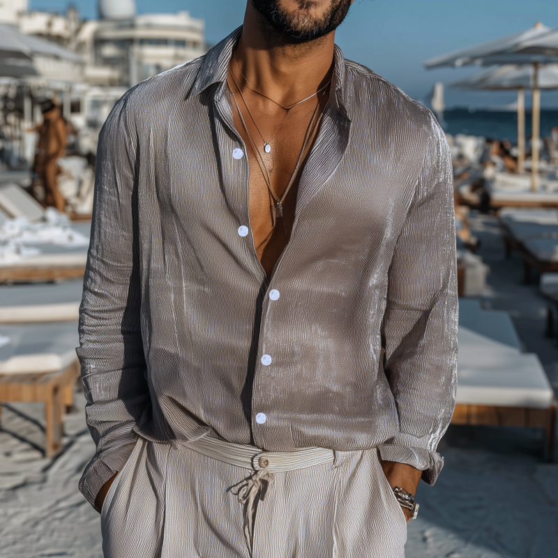 Alexander | Men'S Casual Breathable Cotton Blended Ribbed Lapel Loose Long-Sleeved Shirt