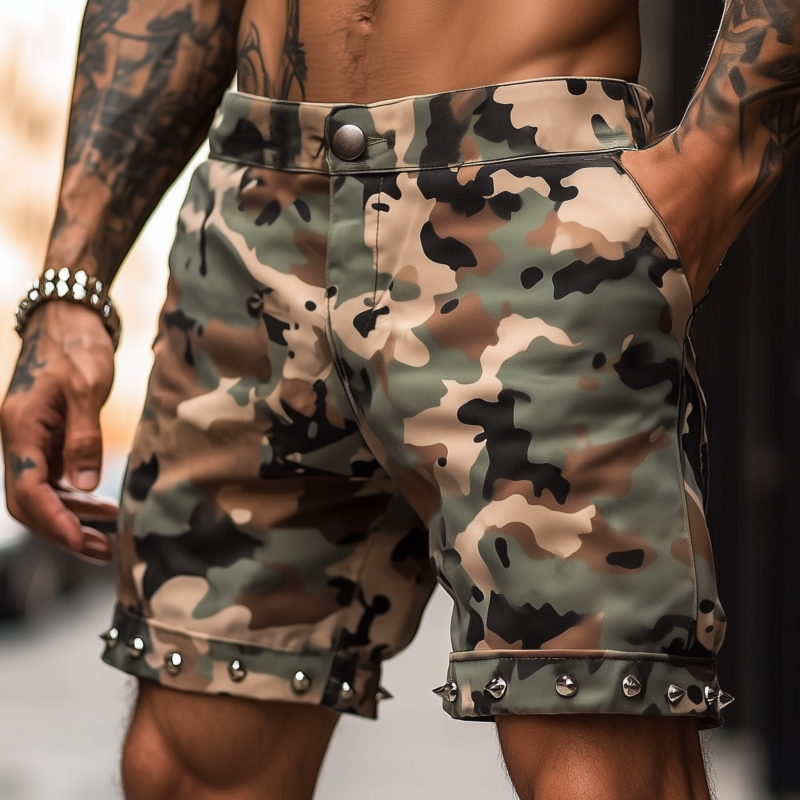 Eugene | Men'S Casual Punk Camouflage Cotton Hem Rivet Decoration Straight Denim Shorts