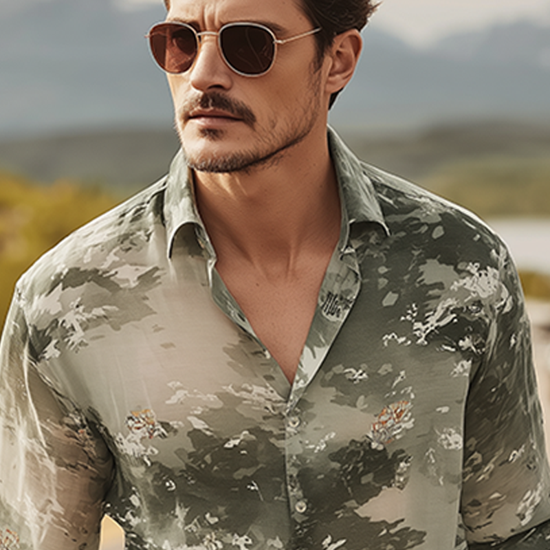 Augusto | Men'S Spring And Summer Fashion Casual Chiffon Slightly Transparent Sexy Art Print Long-Sleeved Shirt