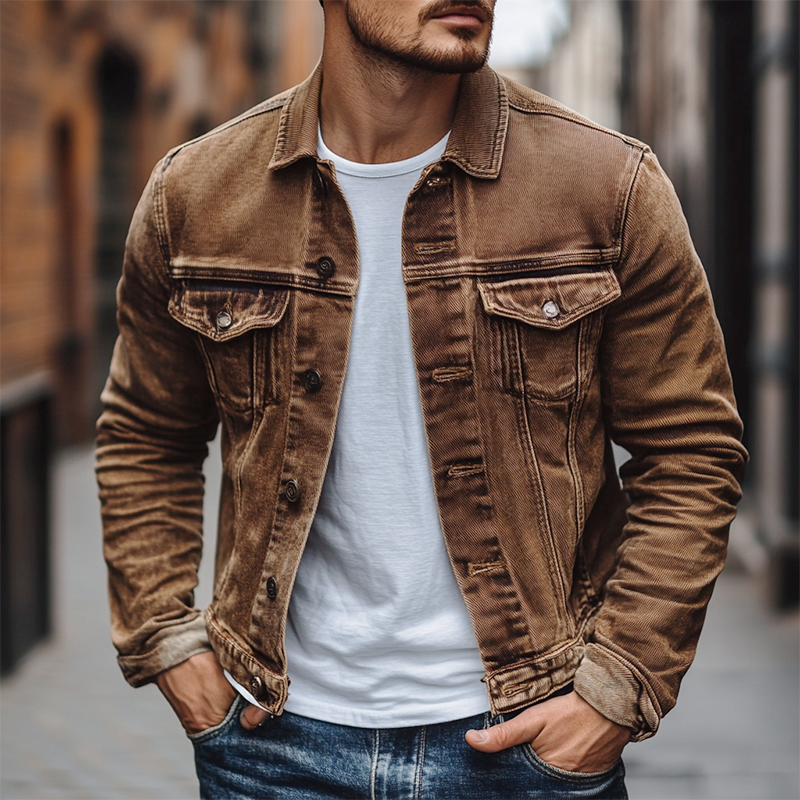 Men's Vine Casal Solid Color Washed DeniJacket
