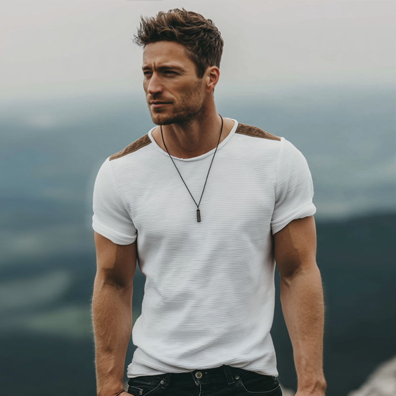 Guy | Men'S Retro Casual Solid Color Waffle Stitching Suede Round Neck Short Sleeve T-Shirt