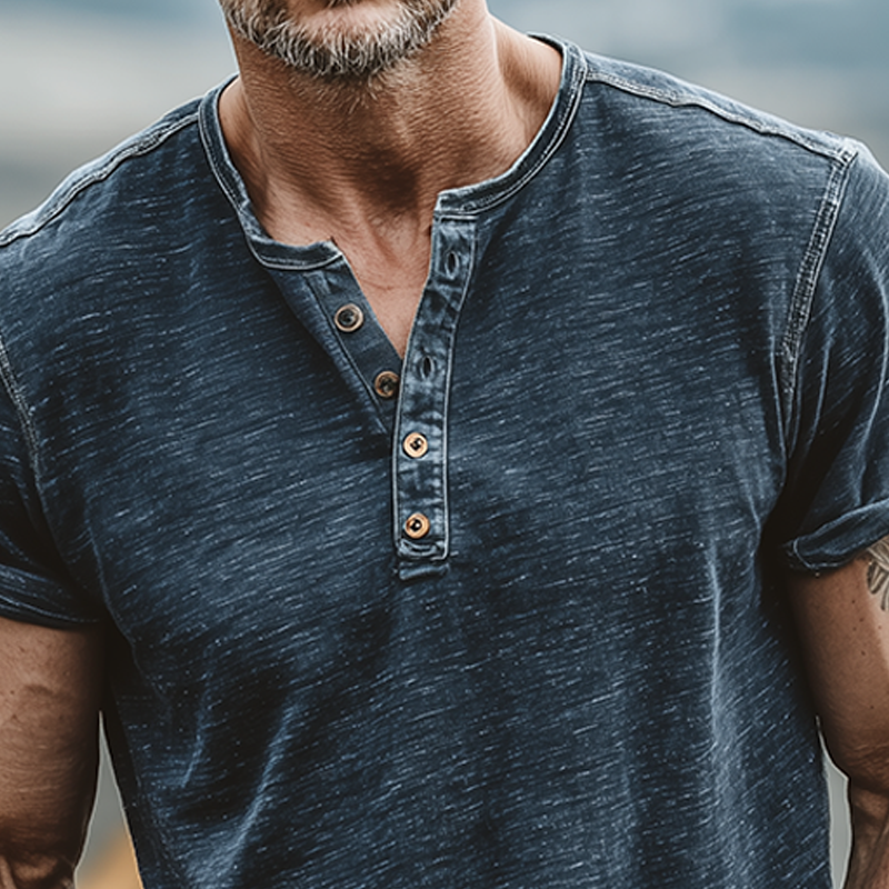 Max | Men'S Summer Casual Cotton Blend Washed Distressed Collar Stitching Denim Henry Collar Short-Sleeved T-Shirt