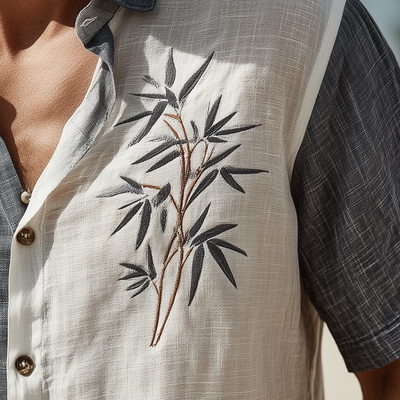Walter | Men'S Summer Fashion Leaf Embroidery Slub Linen Short Sleeve Shirt