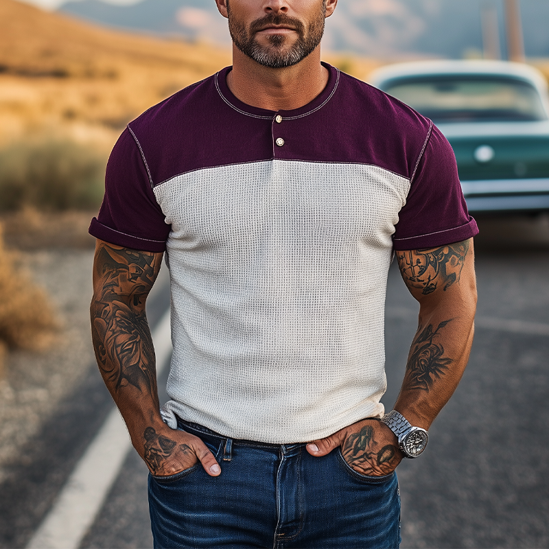 Fidel | Men'S Spring And Summer Casual Cotton Blend Splicing Waffle Henry Collar Short Sleeve T-Shirt