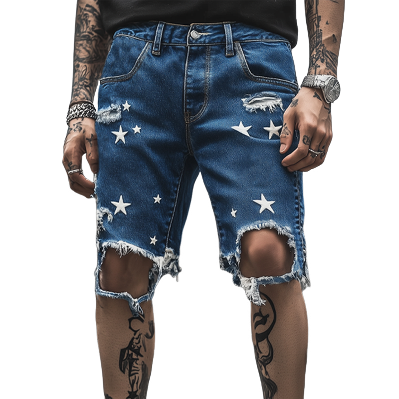 Guillermo | Men'S Summer Fashion Star Printed Ripped Denim Shorts