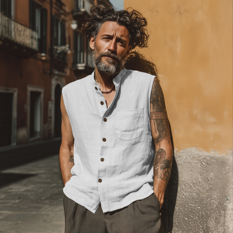 Terrance | Men'S Casual Breathable Linen Stand Collar Patch Pocket Loose Sleeveless Shirt