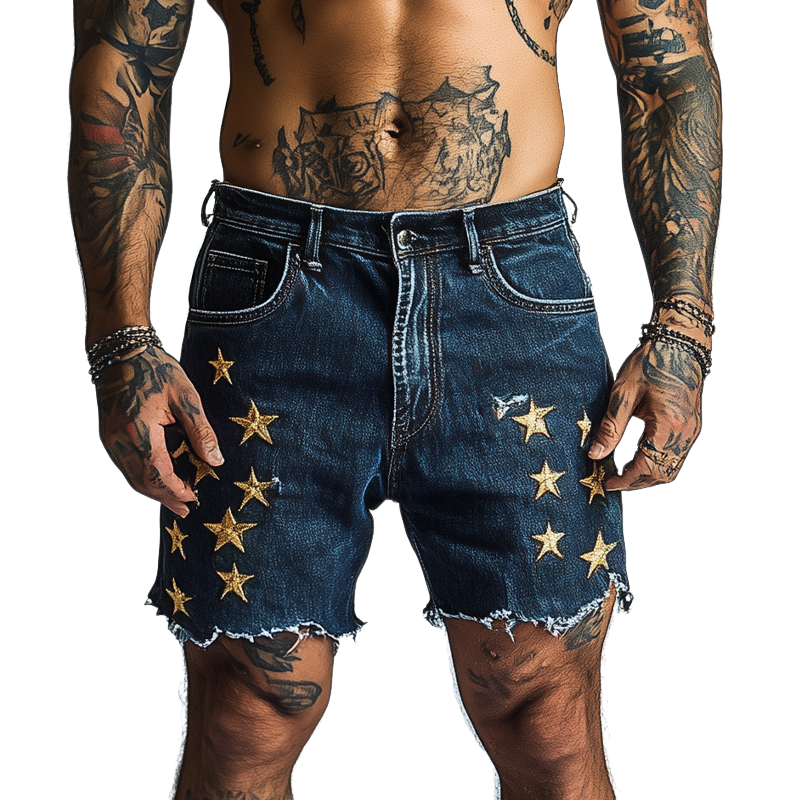 Noel | Men'S Star Embroidered Denim Shorts