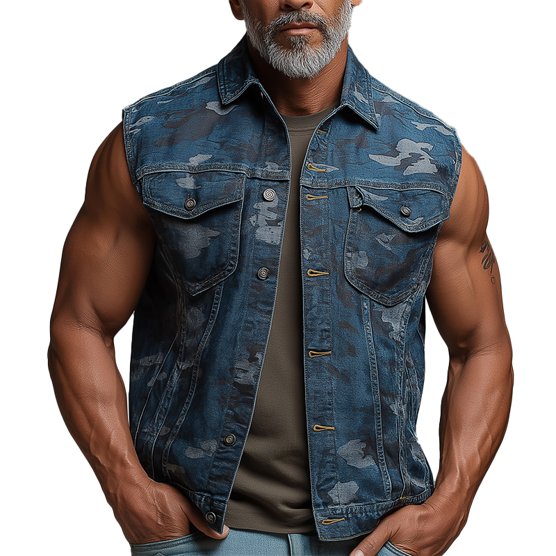 Ralph | Men'S Summer Fashion Camouflage Washed Denim Vest