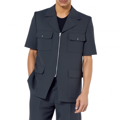 Vicente | Men'S Casual Solid Color Cotton Blend Notch Lapel Zipper Placket Multi-Pocket Short Sleeve Jacket