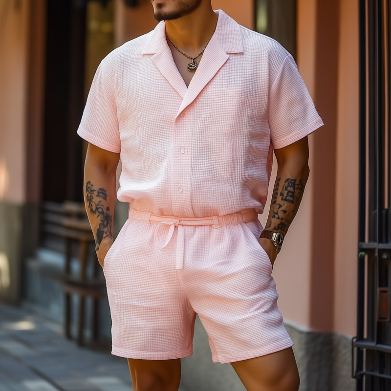 Corey | Men'S Casual Breathable Cotton Blended Waffle Lapel Slim Fit Short Sleeve Shorts Jumpsuit