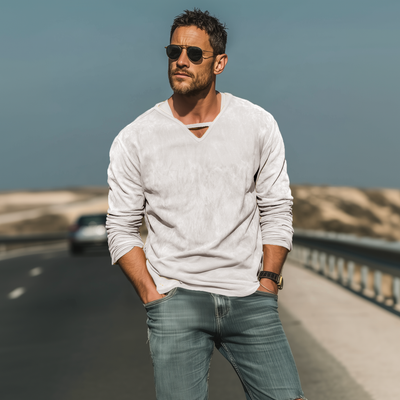 Wayne | Men'S Spring And Summer Fashion Casual Thin Suede V-Neck Loose Long-Sleeved T-Shirt