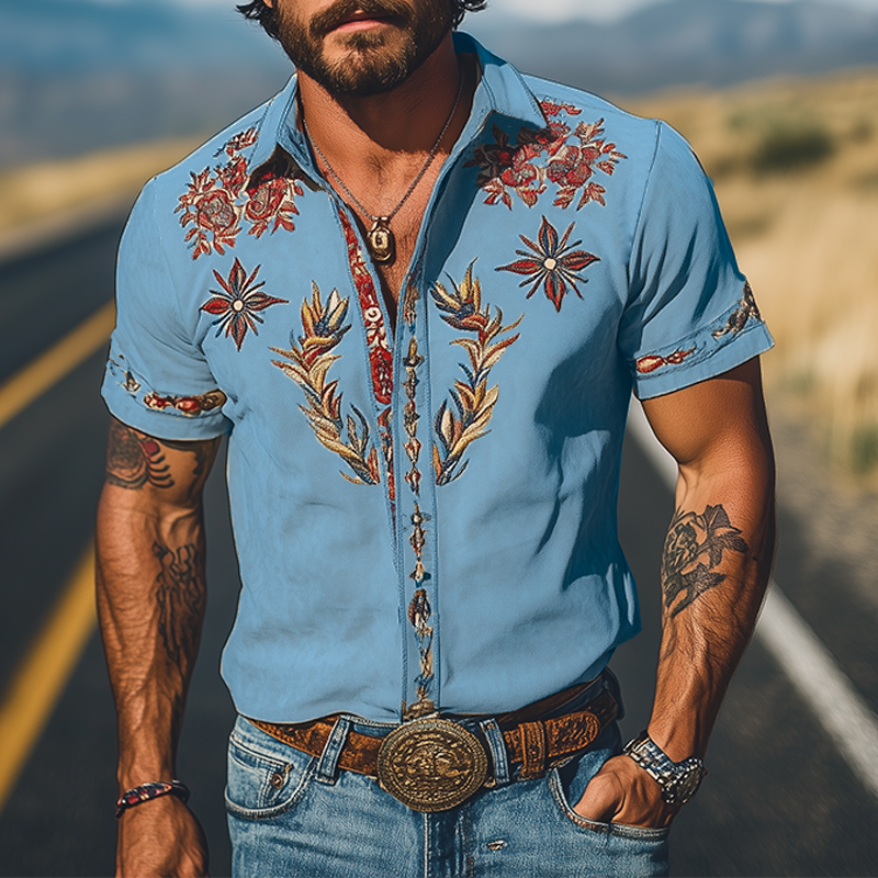 Men's Spring/Smmer Fashion Retro Western Style Sede Embroidered Short Sleeve Shirt