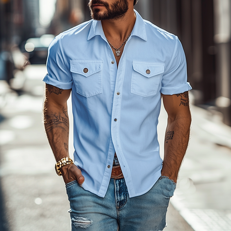 Men's Classic Casal Solid Color SliFitlti-Pocket Polyester Cotn Short Sleeve Shirt