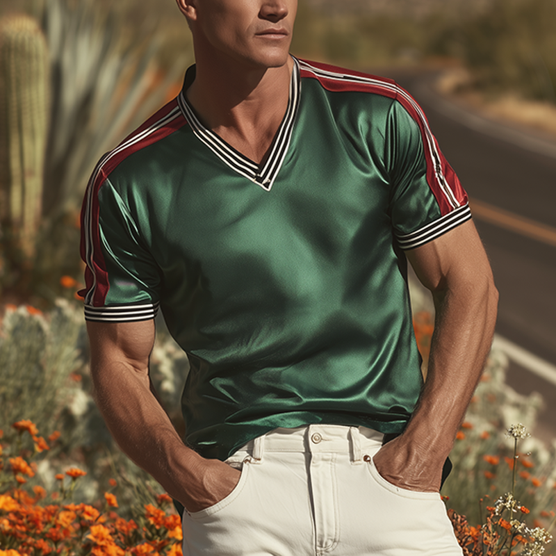 Dallas | Men'S Spring And Summer Fashion Casual Satin Contrast Color Splicing Ribbon V-Neck Short Sleeve T-Shirt