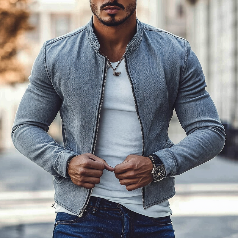 Herman | Men'S Vintage Washed Denim Biker Zip-Up Jacket