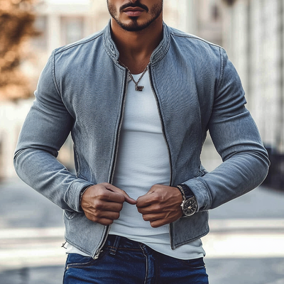 Herman | Men'S Vintage Washed Denim Biker Zip-Up Jacket