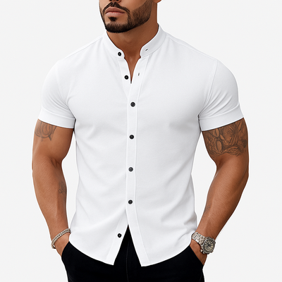Tony | Men'S Stand Collar Cotton Blend Short Sleeve Shirt