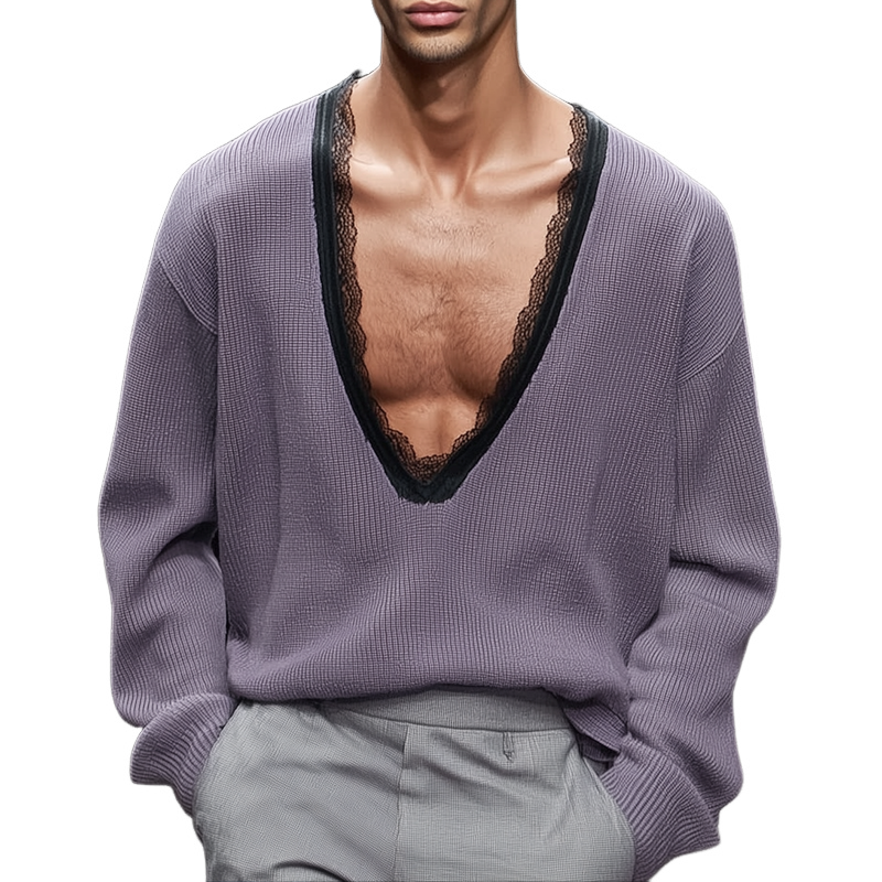 Reginald | Men'S Solid Loose Lace V Neck Long Sleeve Knit Sweater
