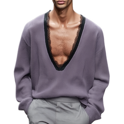 Reginald | Men'S Solid Loose Lace V Neck Long Sleeve Knit Sweater