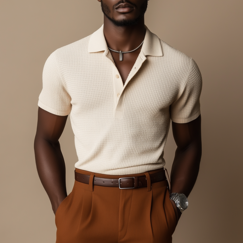 Devin | Men'S Casual Breathable Cotton Blended Waffle Lapel Slim Fit Short Sleeve Polo Shirt